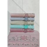 Kadife Dual Bordür 3D Nakışlı Renkli Pamuk 6 Adet 50 x 90 cm El Yüz Havlusu Kutulu - 50 x 90 cm - Açık Mavi - Beyaz