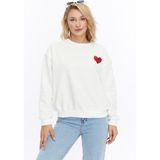 Kadife Kalp Desenli Ekru Yumuşak Dokulu Regular Fit Bisiklet Yaka Kadın Sweatshirt