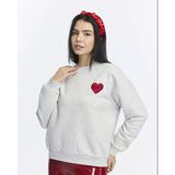 Kadife Kalp Desenli Gri Melanj Yumuşak Dokulu Regular Fit Bisiklet Yaka Kadın Sweatshirt