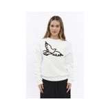 Kadife Kuş Desenli Şardonlu İçi Polarlı Ekru Regular Fit Bisiklet Yaka Kadın Sweatshirt