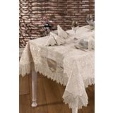 Kadife Lüks Masa Örtüsü Seti Dantelli Güpürlü 25 Parça Vels Krem 160 x 450