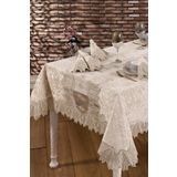 Kadife Lüks Masa Örtüsü Seti Dantelli Güpürlü 25 Parça Vels Krem 160 x 600