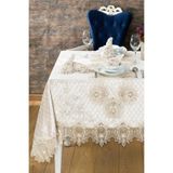 Kadife Lüks Masa Örtüsü Seti Dantelli Güpürlü 26 Parça Grand Krem 160 x 260