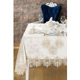 Kadife Lüks Masa Örtüsü Seti Dantelli Güpürlü 26 Parça Grand Krem 160 x 450