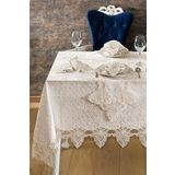 Kadife Lüks Masa Örtüsü Seti Dantelli Güpürlü 26 Parça Petrana Cappuccino 160 x 220