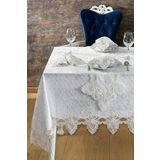 Kadife Lüks Masa Örtüsü Seti Dantelli Güpürlü 26 Parça Petrana Krem 160 x 400