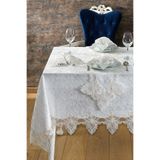 Kadife Lüks Masa Örtüsü Seti Dantelli Güpürlü 26 Parça Petrana Krem 160 x 450