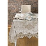 Kadife Lüks Masa Örtüsü Seti Dantelli Güpürlü 26 Parça Reina Cappuccino 160 x 220