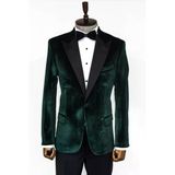 Kadife Slim Fit Tek Düğmeli Koyu Yeşil Erkek Balo Ceket - Wessi