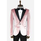 Kadife Slim Fit Tek Düğmeli Pembe Erkek Balo Ceket - Wessi