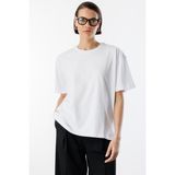 Kadın %100 Organik Pamuk Relaxed Fit Yırtmaçlı Yuvarlak Yaka T-Shirt Yırtmaçlı-T-Shırt - Beyaz