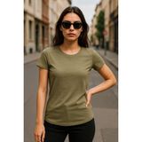 Kadın %100 Organik Pamuklu Relaxed Yıkamalı T-Shirt Bisiklet Yaka Kısa Kollu Kadın Basic Tişört - Haki