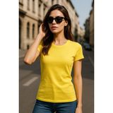 Kadın %100 Organik Pamuklu Relaxed Yıkamalı T-Shirt Bisiklet Yaka Kısa Kollu Kadın Basic Tişört - Sarı