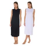 Kadın 2 li Set Kolsuz Uzun Elbise Astarı Modal Kombinezon 2M1049 (Siyah-Beyaz, XL)