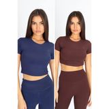 Kadın 2'li Organik Kumaş Bisiklet Yaka Vücuda Oturan Slim Fit Atlet Bluz - Lacivert - Kahverengi - XL
