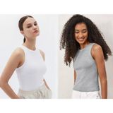 Kadın 2'li Paket Fitilli Halter Yaka Örme Atlet T-Shirt - Beyaz - Gri
