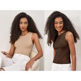 Kadın 2'li Paket Fitilli Halter Yaka Örme Atlet T-Shirt - Kahverengi - Bej