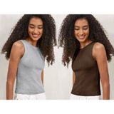 Kadın 2'li Paket Fitilli Halter Yaka Örme Atlet T-Shirt - Kahverengi - Gri