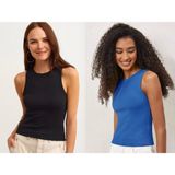 Kadın 2'li Paket Fitilli Halter Yaka Örme Atlet T-Shirt - Saks - Siyah