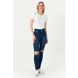 Kadın 3 Düğmeli Yırtık Detaylı Skinny Jeans Blue Mavi 38