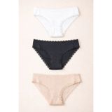 Kadın 3'lü Dantelli Basic Slip Külot Siyah/Beyaz/Nude