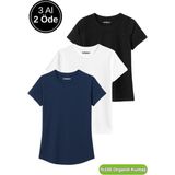 Kadın 3'lü Paket Siyah-Beyaz-Lacivert %100 Organik Pamuk Normal Kesim Tişört Bisiklet Yaka T-Shirt - XL