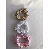 Kadın 3^lü Saç Saten Scrunchie Lastikli Simit Toka Seti - Standart - Altın - Beyaz - Pudra