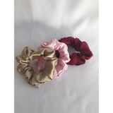 Kadın 3^lü Saç Saten Scrunchie Lastikli Simit Toka Seti - Standart - Altın - Pudra - Bordo