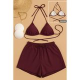 Kadın 3'lü Set Bordo Şortlu ve Yandan Bağlamalı Bikini Mayo Takımı - L - XL