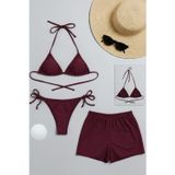 Kadın 3'lü Set Bordo Şortlu Ve Yandan Bağlamalı Bikini Mayo Takımı
