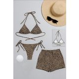 Kadın 3'lü Set Leopar Desenli Şortlu ve Yandan Bağlamalı Bikini Mayo Takımı