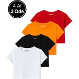 Kadın 4'lü Paket Oversize Crop Tişört %100 Pamuk Bisiklet Yaka T-Shirt - Turuncu