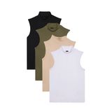 Kadın 4'lü Paket Siyah-Haki-Bej-Beyaz Regular Fit Viskon Kumaş Balıkçı Yaka Sıfır Kol Bluz