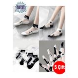 Kadın 5 Çift Karışık Kedi Desenli Tül Çorap Beyaz HTT0061