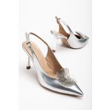 Kadın Abiye Stiletto Gümüş Rugan Metal Çiçek Aksesuarlı Galvaniz Ökçe Kaplamalı