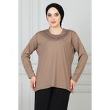 Kadın Açık Kahverengi Penye Bluz Anneler Günü - 2XL