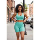 Kadın Açık Mavi Fit Görünümlü Yüksek Bel Spor Crop Top Şort Takımı - L - XL