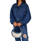 Kadın Açık Mavi Kısa Denim Ceket – Elastik Manşetli Crop Model, lacivert, s