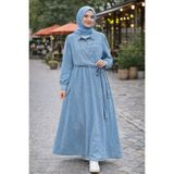 Kadın Açık Mavi Kot Elbise 140 cm | Kuşaklı Kruvaze Yaka Uzun Kollu Tesettür Günlük Jean Elbise 111222-Mavi