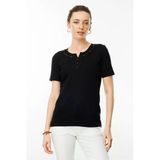 Kadın Açma Yaka Boncuk İşlemeli Pamuklu T-Shirt Lacivert