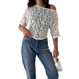 Kadın Ajurlu Dantel Bluz Yarım Kollu Transparan Örme Triko Üst, beyaz, l