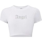 Kadın Angel Kristal Taş Baskılı Crop T-Shirt Beyaz