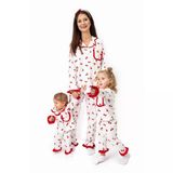 Kadın Anne Ekru Kırmızı Lale Desenli Fırfırlı Bandanalı Pijama Takımı