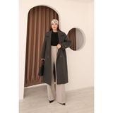 Kadın Antrasit Kruvaze Oversize Kuşaklı Uzun Kaşe Kaban - 38