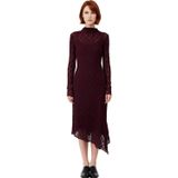 Kadın Asimetrik Kesim Bodycon Örme Dantel Dokulu Uzun Kollu Maxi Dik Yaka Elbise Kaliteli Şık-Mürdüm-L