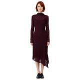 Kadın Asimetrik Kesim Bodycon Örme Dantel Dokulu Uzun Kollu Maxi Dik Yaka Elbise Kaliteli Şık-Mürdüm-XL