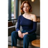 Kadın Asimetrik Yaka Düşük Kol Fitted Örme Bluz Uzun Kollu Crop Kesim Cool Comfort Tarzı İlkbahar