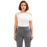 Kadın Asimetrik Yaka Kısa Kollu Örme Bluz Modern Kesim ve Yumuşak Dokunuşla Günlük Şıklık Kaliteli_Ekru-4XL