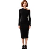 Kadın Asimetrik Yaka Siyah Bodycon Midi Elbise Aksesuar Detaylı Şık ve Modern Kokteyl Görünüm-Siyah-36