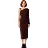Kadın Asimetrik Yaka Tek Uzun Kollu Bodycon Midi Aksesuar Detaylı Örme Kokteyl Elbisesi Glam-Kahverengi-34